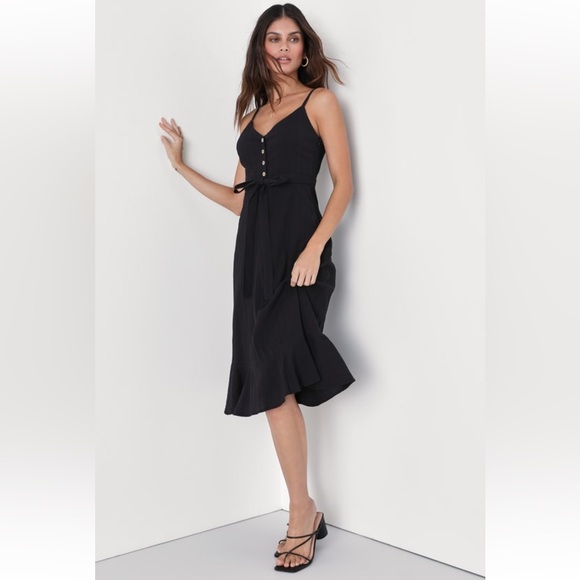 Lulus Cruise to Capri Black Belted Button Front Midi Dress - Picture 1 of 10